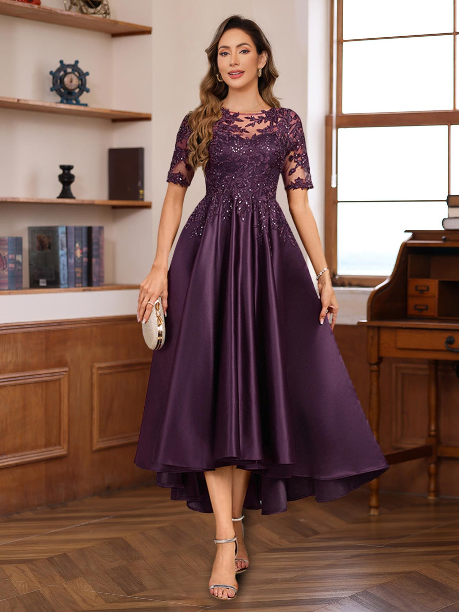 Mondressy Mother of The Bride Dresses Satin A-Line Round Neck Short Sleeves Formal Wedding Guest Party Dress with Lace Appliques Mondressy Mother of The Bride Dresses Satin A-Line Round Neck Short Sleeves Formal Wedding Guest Party Dress with Lace Appliques