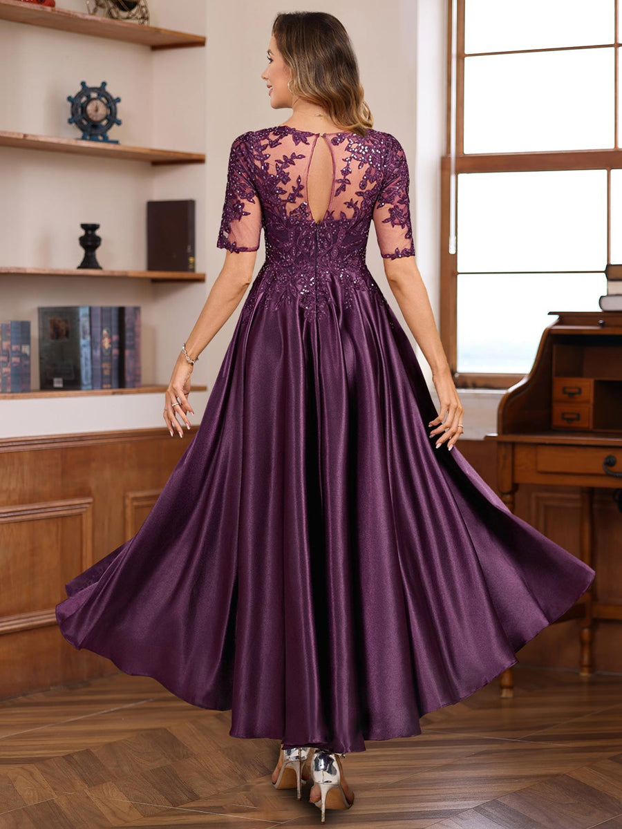Mondressy Mother of The Bride Dresses Satin A-Line Round Neck Short Sleeves Formal Wedding Guest Party Dress with Lace Appliques Mondressy Mother of The Bride Dresses Satin A-Line Round Neck Short Sleeves Formal Wedding Guest Party Dress with Lace Appliques