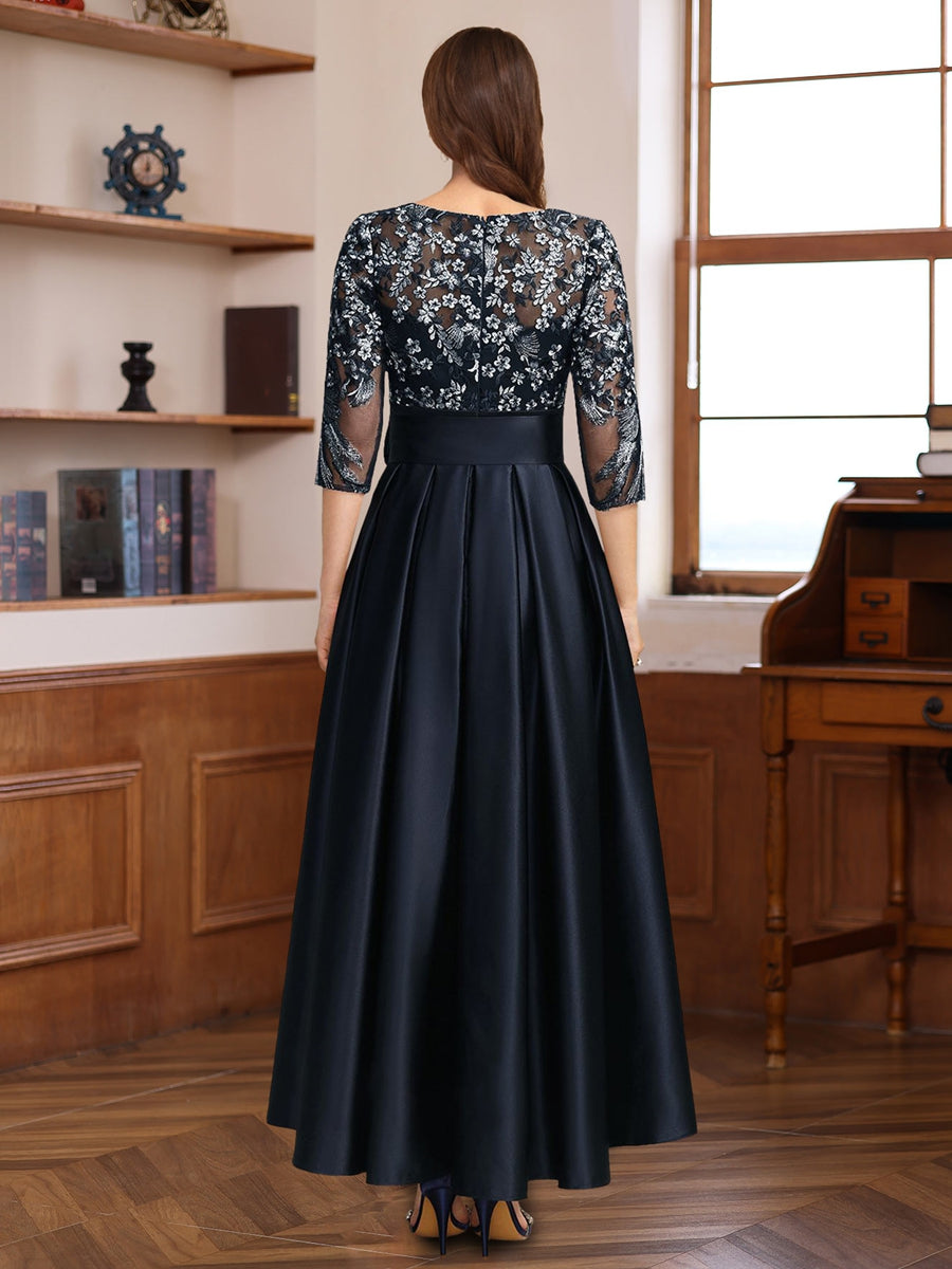 asymmetrical lace dress Navy Blue Mother of The Bride Dresses 2026 Lace Appliques A-Line Scoop Neck 3/4 Sleeves Asymmetrical Formal Evening Gowns with Bow Belt