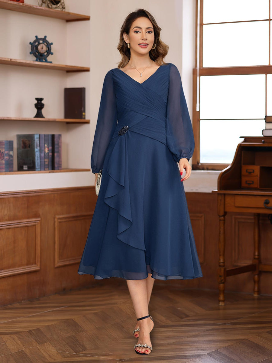 2026 Mother of The Bride Dresses Navy Blue Women's A-Line V-Neck Long Sleeves Tea-Length Formal Wedding Guest Evening Gowns with Ruffles, Navy Blue 2026 Mother of The Bride Dresses Navy Blue Women's A-Line V-Neck Long Sleeves Tea-Length Formal Wedding Guest Evening Gowns with Ruffles, Navy Blue