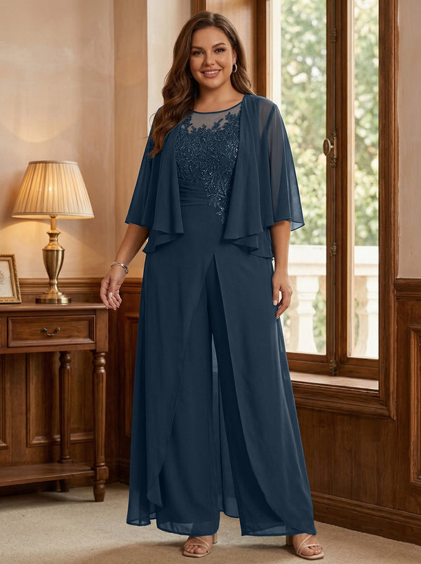 A-Line/Princess Scoop Floor-Length Plus Size Mother of the Bride Jumpsuits with Jacket, Split Side & Appliques