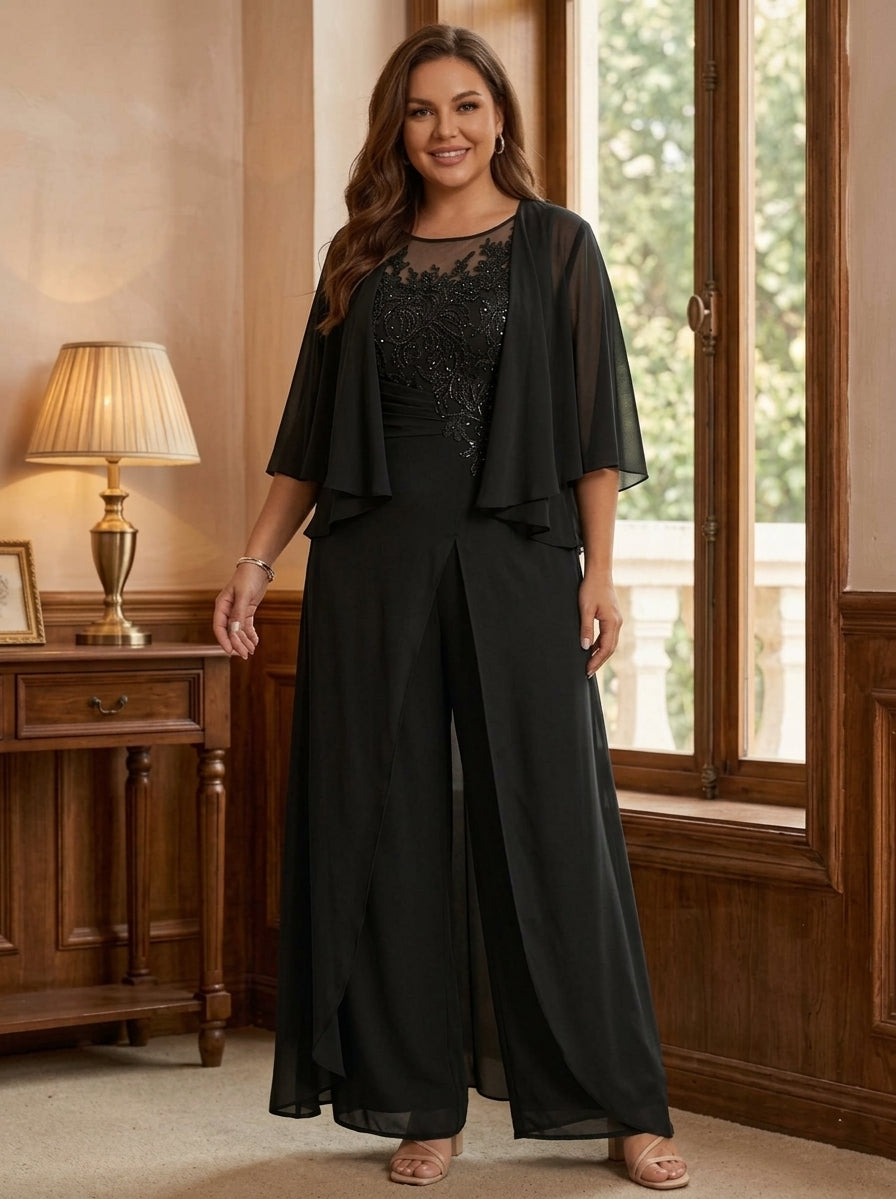 A-Line/Princess Scoop Floor-Length Plus Size Mother of the Bride Jumpsuits with Jacket, Split Side & Appliques