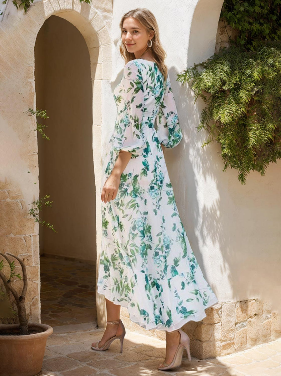 Floral Mother of The Groom Dresses 2026 Chiffon A-Line V-Neck 3/4 Sleeves Asymmetrical Elegant Formal Wedding Guest Gowns Floral Mother of The Groom Dresses 2026 Chiffon A-Line V-Neck 3/4 Sleeves Asymmetrical Elegant Formal Wedding Guest Gowns