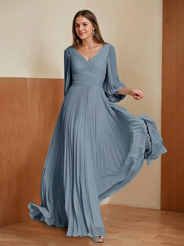 A-Line/Princess V-Neck 3/4 Sleeves Pleated Chiffon Chic Mother of the Bride & Groom Dresses