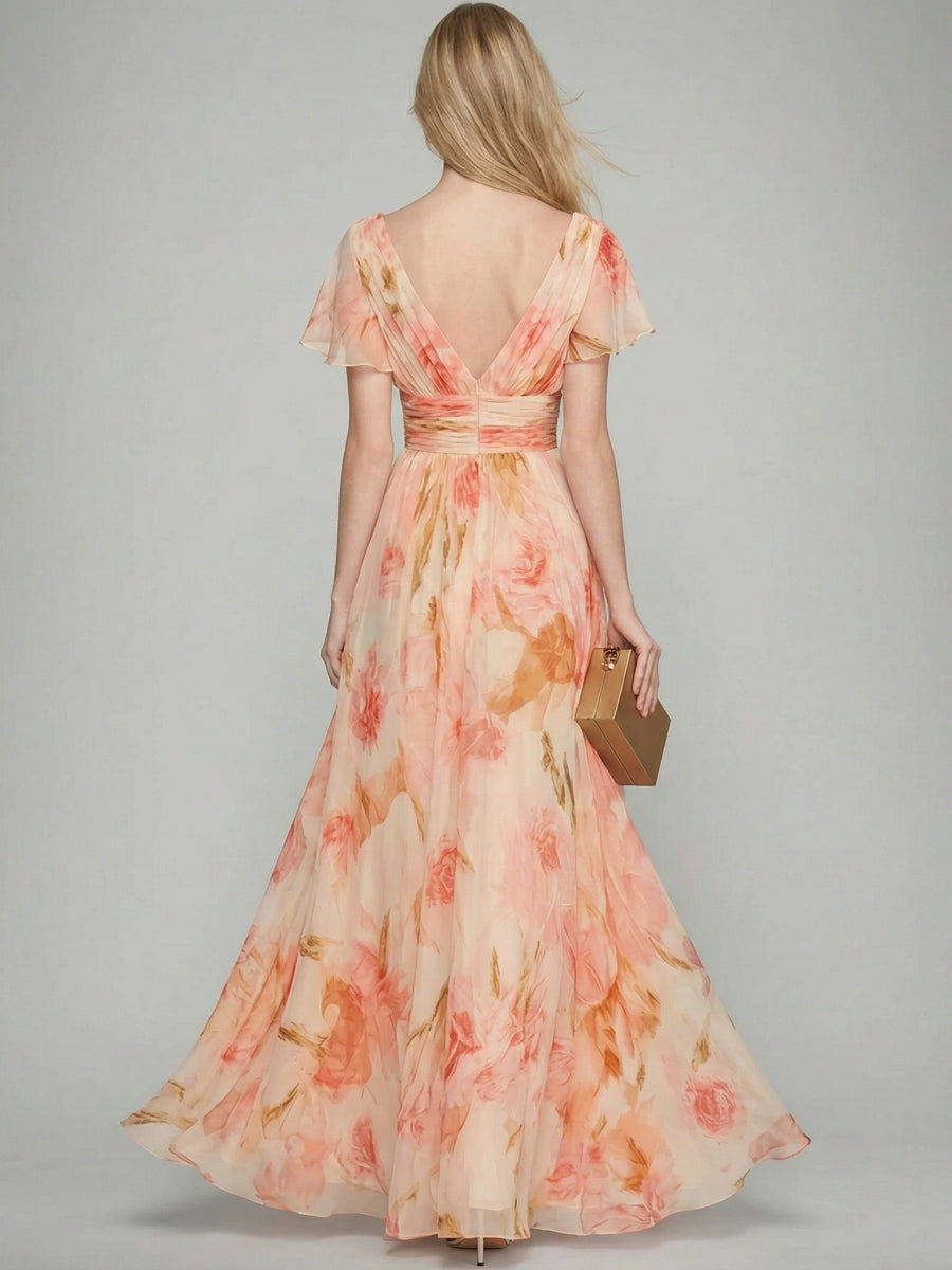 A-Line/Princess V-Neck Short Sleeves Printed Floral Mother of the Bride Dresses with Ruffles