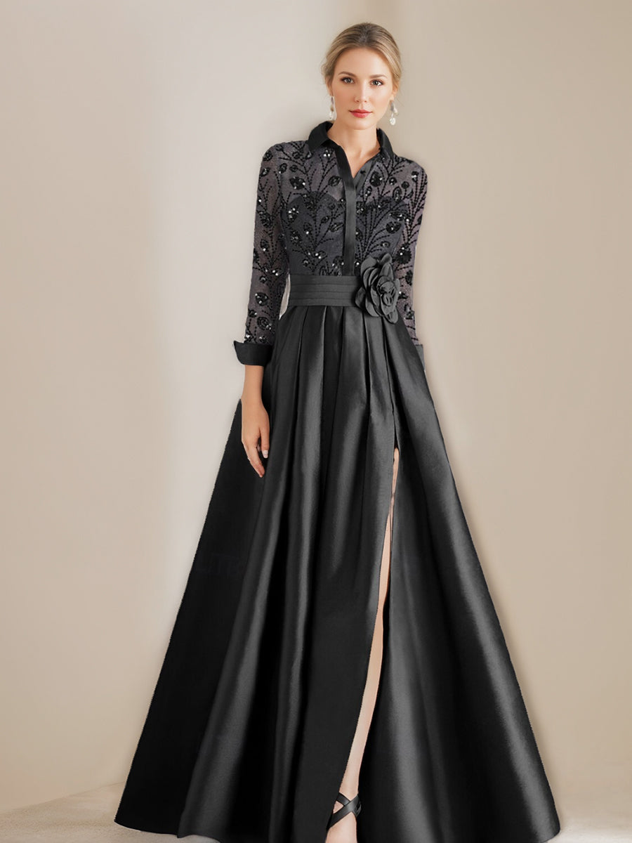 A-Line/Princess Shirt Collar Long Sleeves Floor-Length Mother of the Bride Dresses with Appliques & Flower Belt