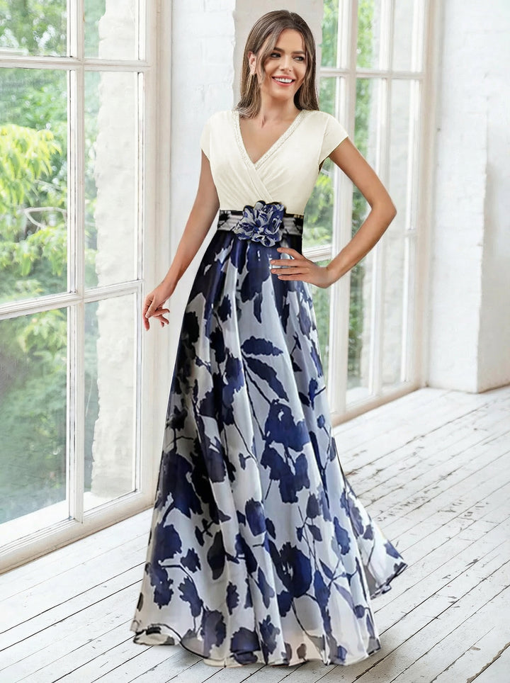 A Line/Princess V-Neck Short Sleeves Mother of the Bride Dresses With Flower & Ruches