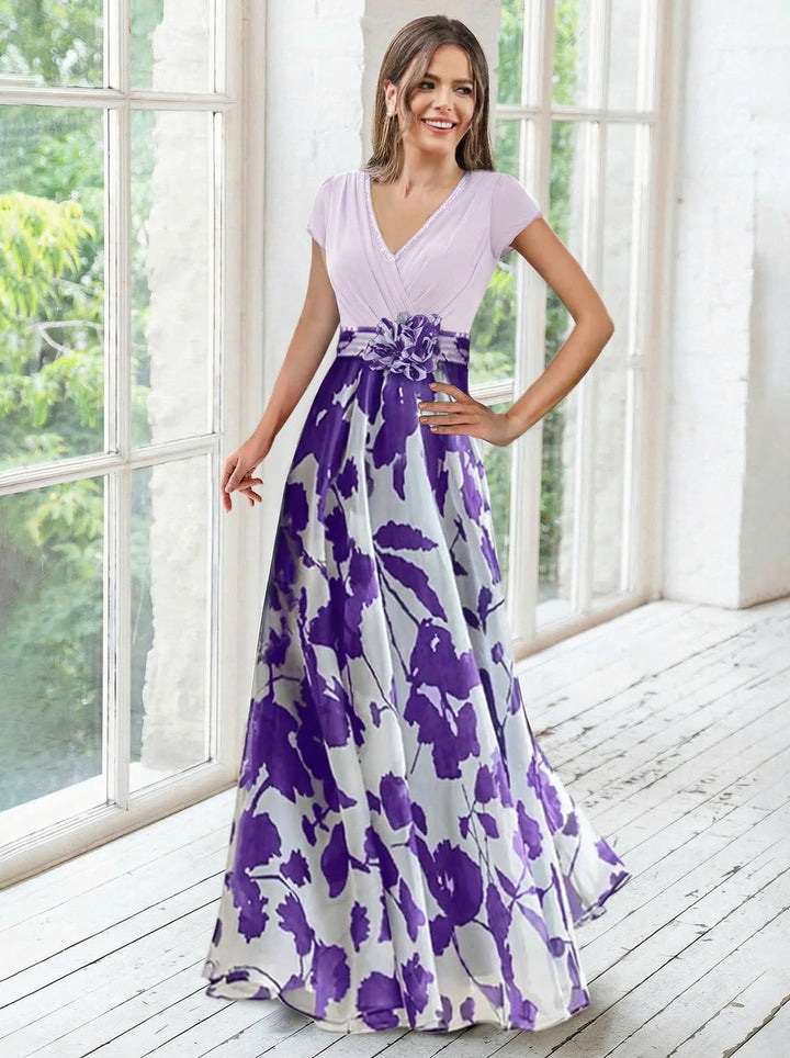 A Line/Princess V-Neck Short Sleeves Mother of the Bride Dresses With Flower & Ruches