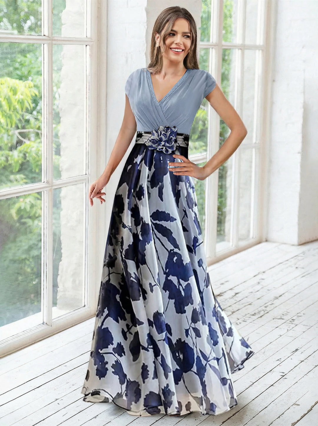 V Neck Casual Summer Mother Of The Bride Dresses A Line/Princess V-Neck Short Sleeves Mother Of The Bride Dresses With Flower Ruches Pale Blue V Neck Casual Summer Mother Of The Bride Dresses A Line/Princess V-Neck Short Sleeves Mother Of The Bride Dresses With Flower Ruches Pale Blue
