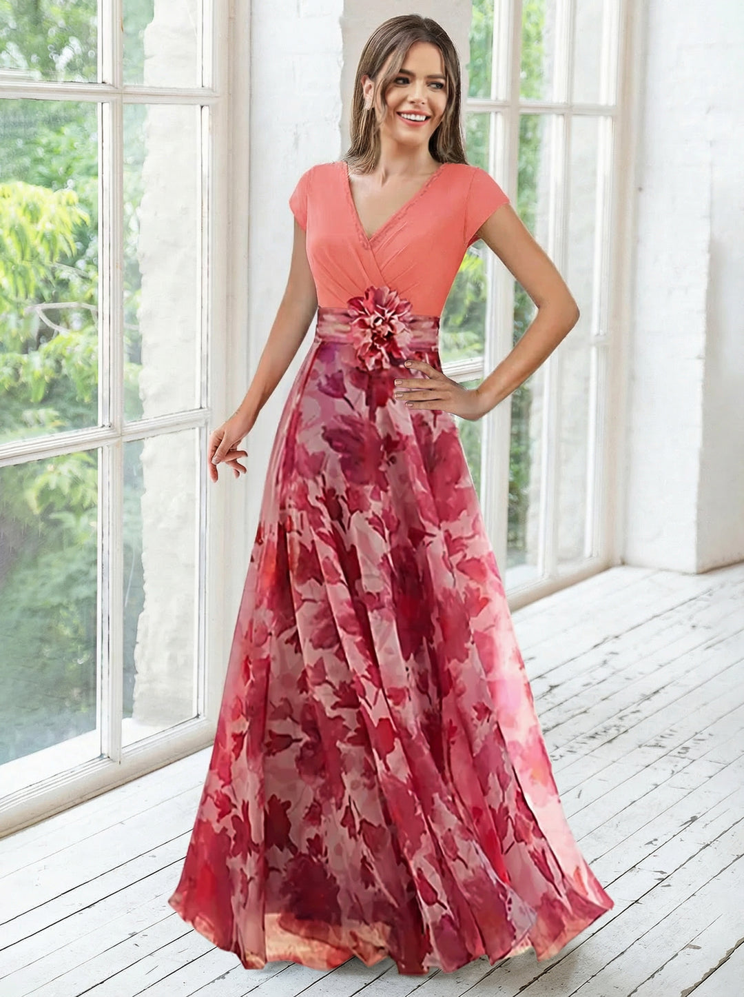 pink dress with red flowers Hot Big Flower Short Party Cocktail Gown stretchy fabric allows room for hips A Line/Princess V-Neck Short Sleeves
