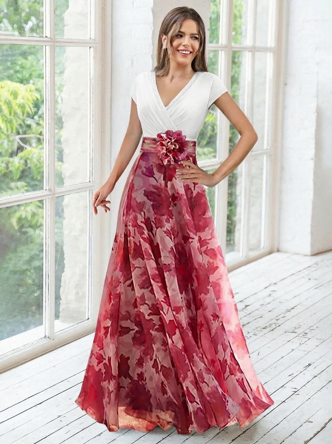 V-Neck Floral Mother of the Bride Dresses inWine Red With Flower & Ruches Short Sleeves V-Neck Floral Mother of the Bride Dresses inWine Red With Flower & Ruches Short Sleeves