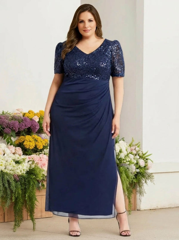 Sheath/Column V-Neck Short Sleeves Ankle-Length Plus Size Mother of the Bride Dresses with Sequins & Ruches