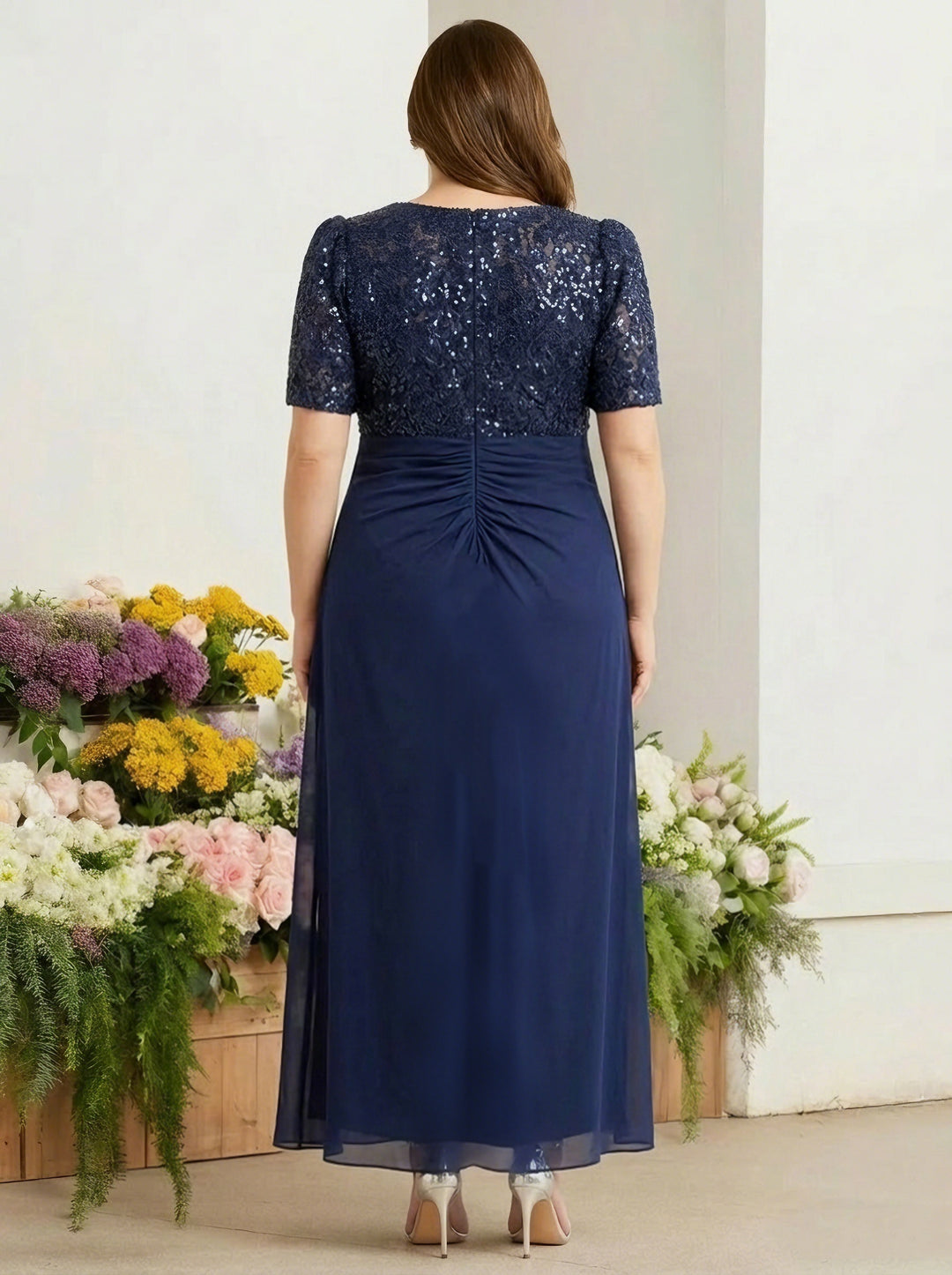 Sheath/Column V-Neck Short Sleeves Ankle-Length Plus Size Mother of the Bride Dresses with Sequins & Ruches