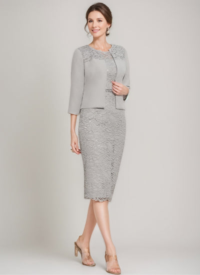 Sheath/Column Jewel Neck Half Sleeves Tea-Length Mother of the Bride Dresses with Cape & Jewel Appliques