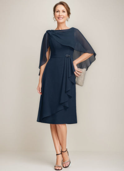 Sheath/Column Jewel Neck Half Sleeves Tea-Length Mother of the Bride Dresses with Cape & Jewel Appliques main image 0