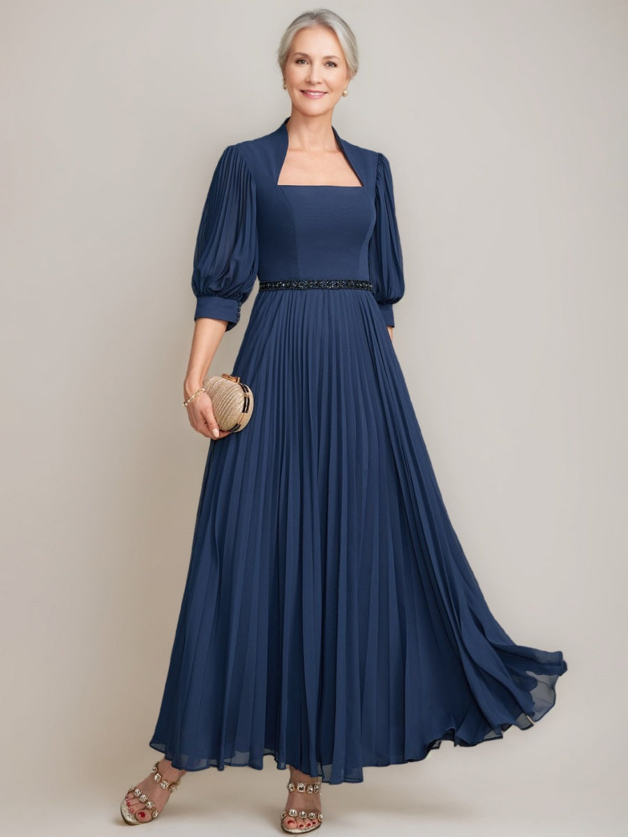 A-line/Princess Queen Anne Neckline Ankle-Length Pleated Mother of the Bride Dresses with Sequins & Beads Blue
