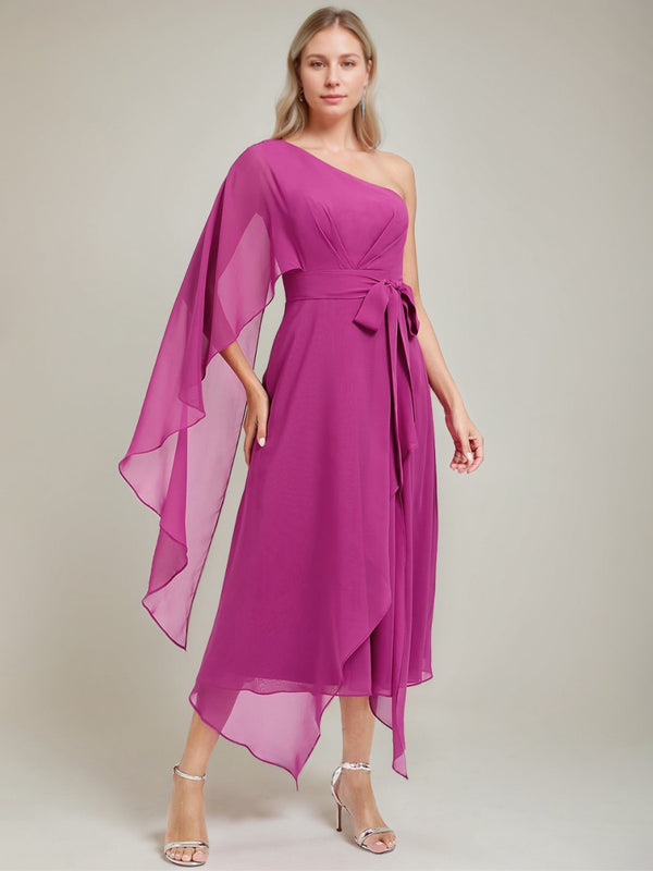 A-line/Princess One-Shoulder Asymmetrical Ruched Mother of the Bride Dresses with Bow Sash