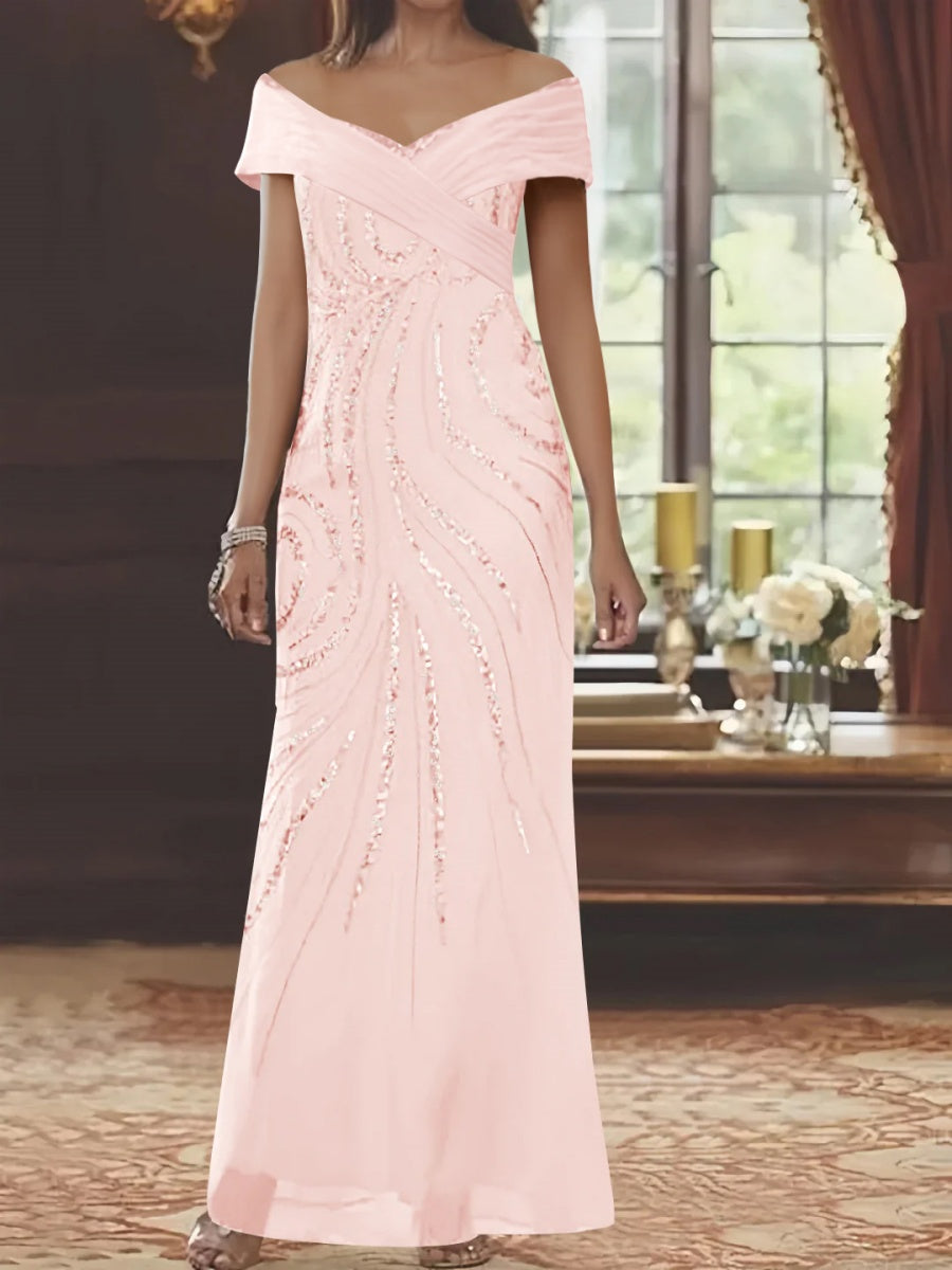 Off-The-Shoulder Mother of The Bride Dresses Women's Chiffon Sheath/Column Short Sleeves Long Formal Dresses with Sequins, Petal