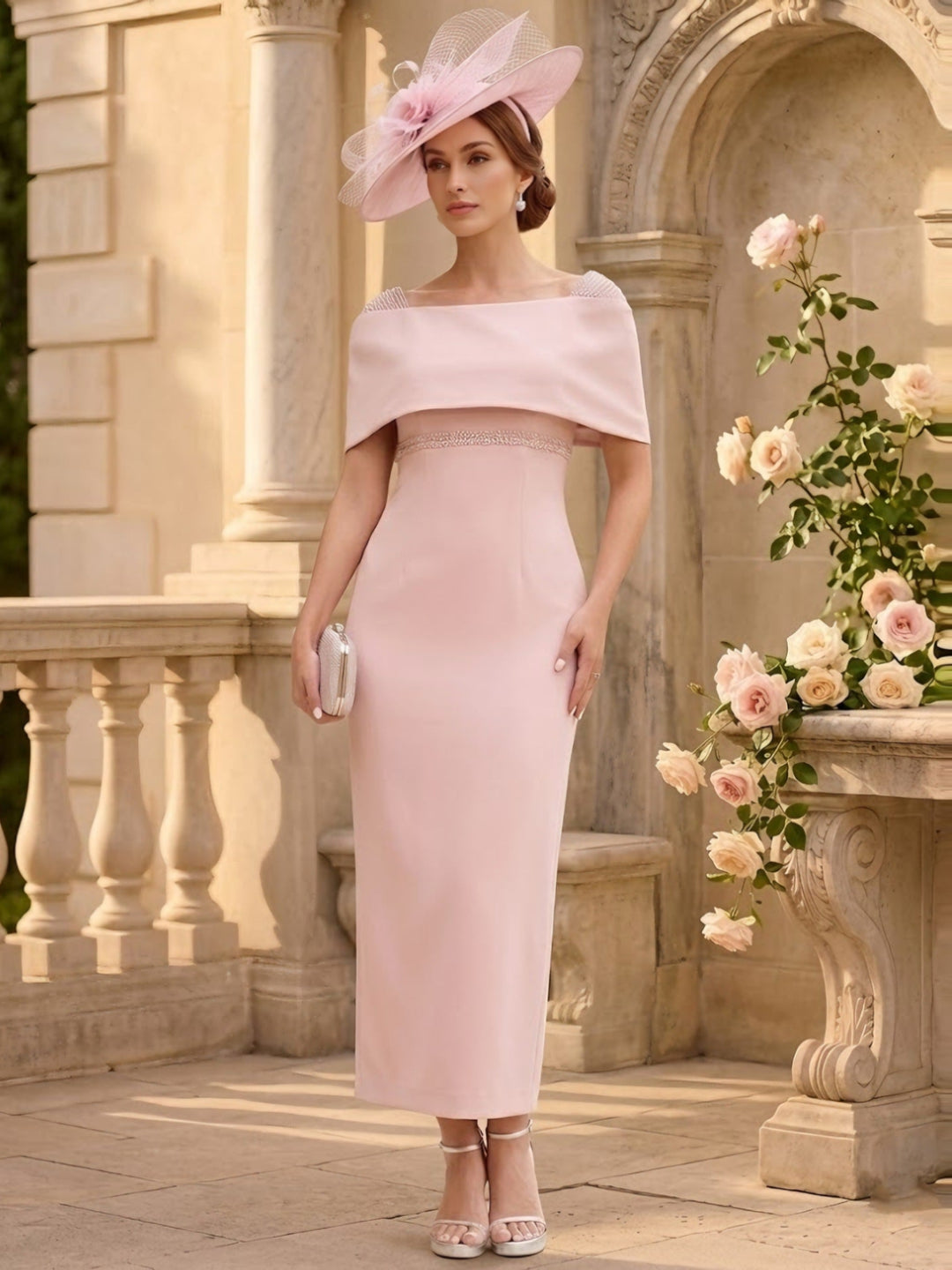 Sheath/Column Off-the-Shoulder Stretch Satin Mother of the Bride Dresses Ankle-Length Sleeveless with Beadings & Bow, As Pic