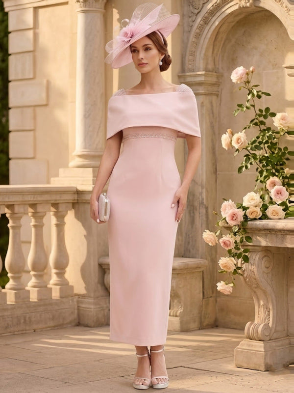 Sheath/Column Off-the-Shoulder Stretch Satin Mother of the Bride Dresses Ankle-Length Sleeveless with Beadings & Bow