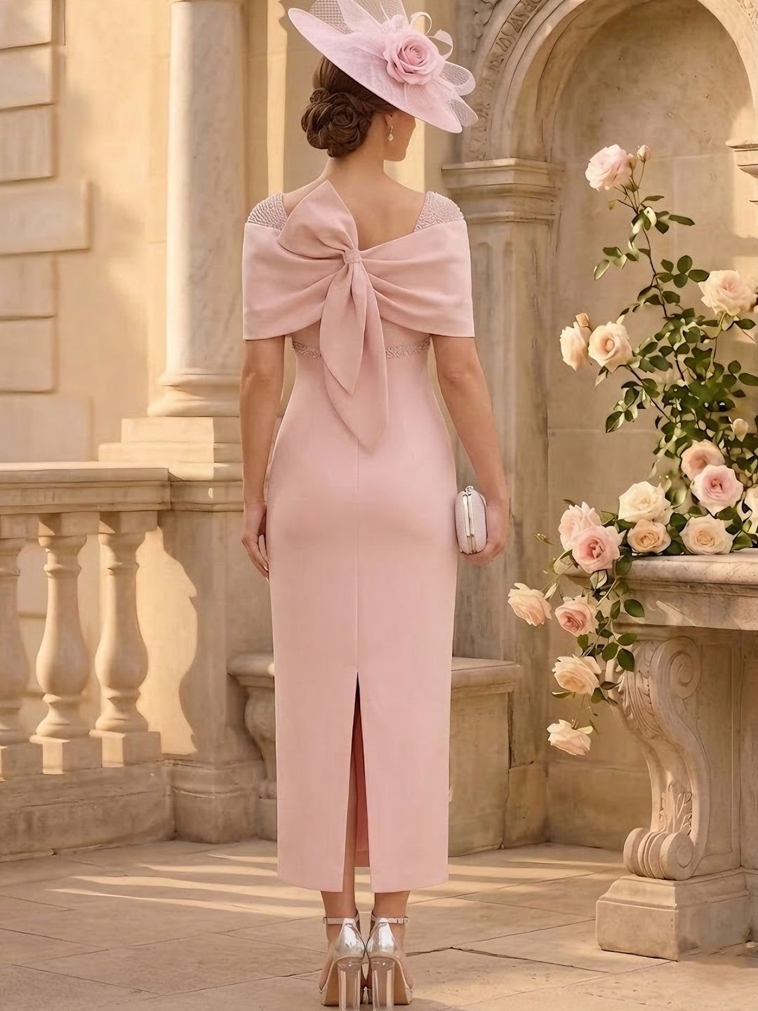 Sheath/Column Off-the-Shoulder Stretch Satin Mother of the Bride Dresses Ankle-Length Sleeveless with Beadings & Bow