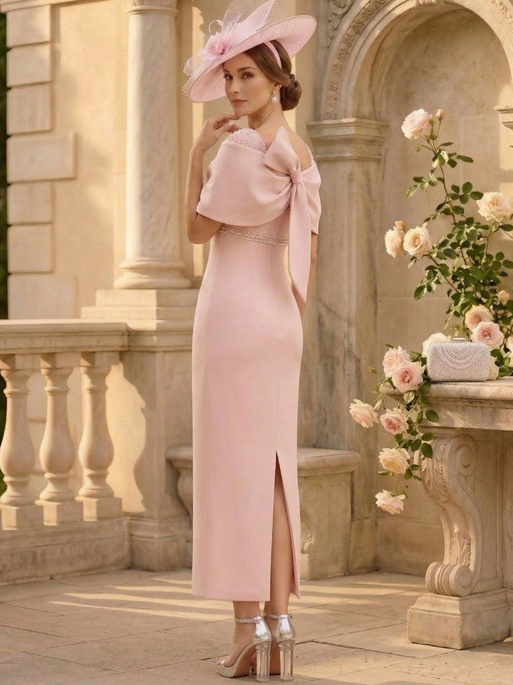 Sheath/Column Off-the-Shoulder Stretch Satin Mother of the Bride Dresses Ankle-Length Sleeveless with Beadings & Bow