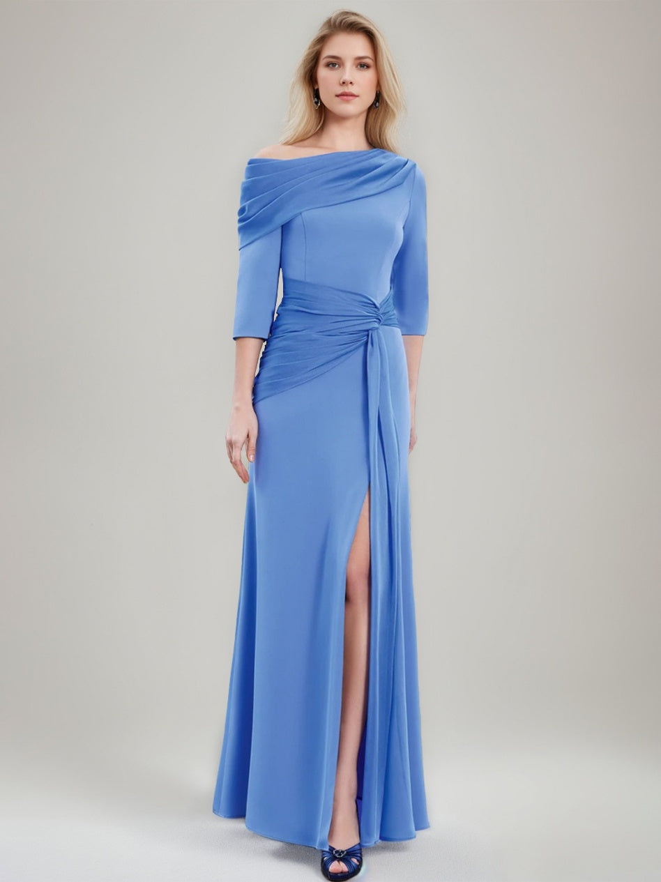 Sheath/Column Asymmetrical Draped Neckline 3/4 Sleeves Floor-Length Pl -  Mondressy
