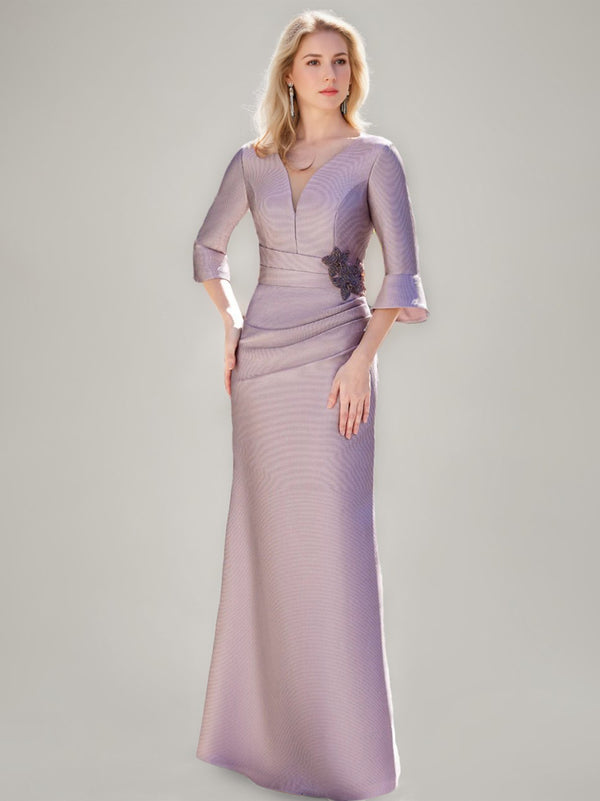 Trumpet/Mermaid V-Neck Floor-Length Ruched Mother of the Bride Dresses with Ruffled Sleeves & Jewel Appliques