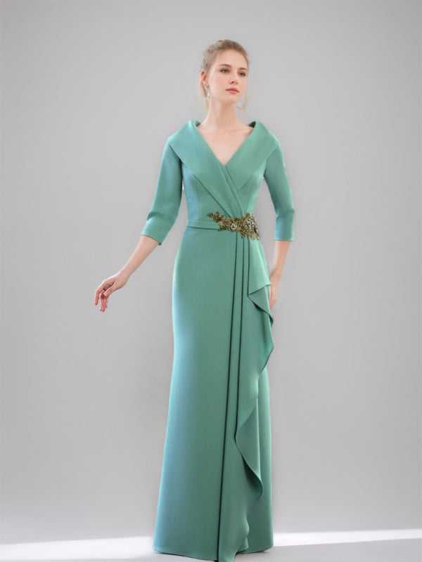 Sheath/Column V-Neck 3/4 Sleeves Floor-Length Mother of the Bride Dresses with Ruffles & Jewel Appliques