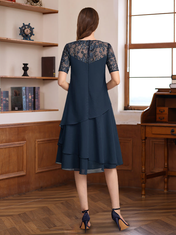 Navy Blue Mother of the Groom Dresses 2026 A-Line/Princess Jewel Neck Short Sleeves Knee-Length Formal Wedding Guest Gowns, Dark Navy