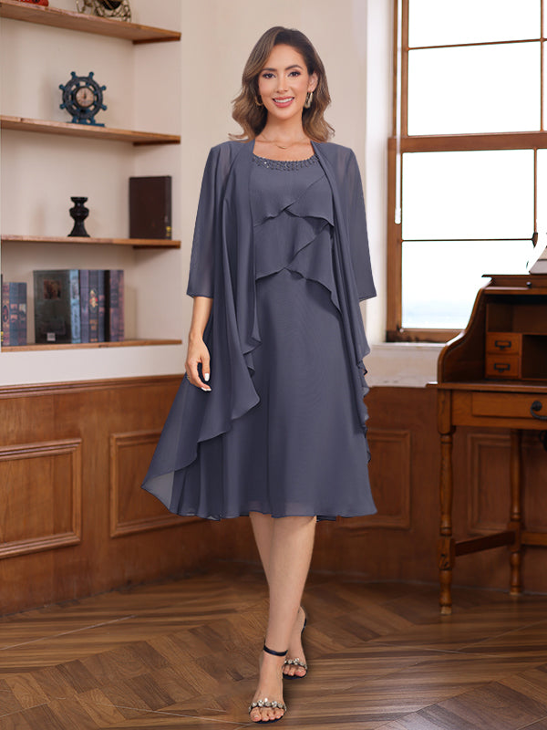 knee length dresses for ladies 2 Pieces Chiffon Mother of The Groom Dresses Short Women's A-Line/Princess Scoop Knee-Length Formal Guest Evening Gowns, As Pic