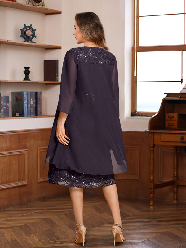 2 Pieces Mother of the Groom Dresses for Women A-Line/Princess Scoop Knee-Length Formal Wedding Guest Evening Gowns, As Pic