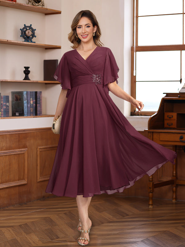 A-Line/Princess V-Neck Ruched Tea-Length Pleated Mother of the Bride & Groom Dresses with Jewel Appliques & Ruffles