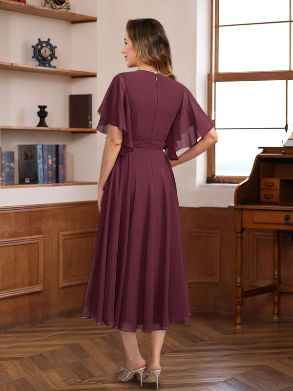 mother of the bride dresses tea length burgundy Cicinia Burgundy Plus Size Mother Of The Bride Dress With Sleeves Long Chiffon Beaded A-line Tea Length