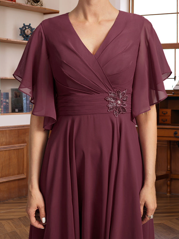 A-Line/Princess V-Neck Ruched Tea-Length Pleated Mother of the Bride & Groom Dresses with Jewel Appliques & Ruffles