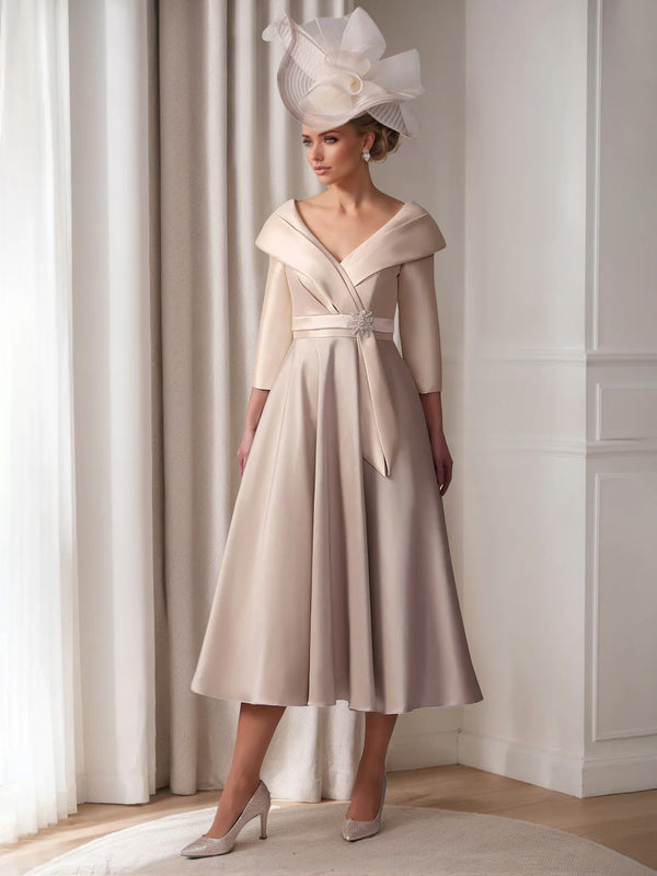 A-Line/Princess Plunge V-Neck 3/4 Sleeves Tea-Length Pleated Mother of the Bride Dresses with Jewel Appliques & Sash