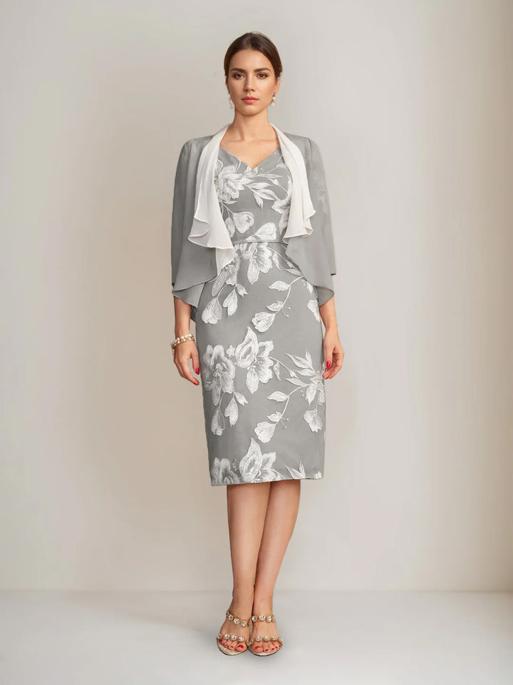 Sheath/Column V-Neck Half Sleeves Knee-Length Beading Mother of the Bride Dresses with Floral Embroidery & Appliques & Jacket