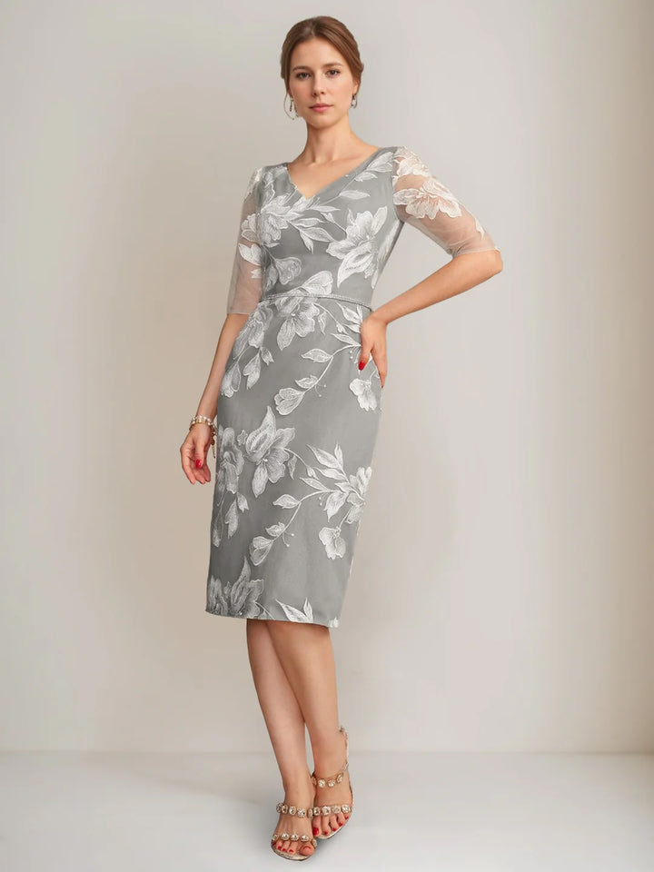 Sheath/Column V-Neck Half Sleeves Knee-Length Beading Mother of the Bride Dresses with Floral Embroidery & Appliques & Jacket