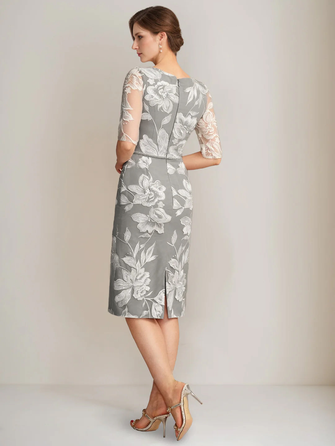 Sheath/Column V-Neck Half Sleeves Knee-Length Beading Mother of the Bride Dresses with Floral Embroidery & Appliques & Jacket