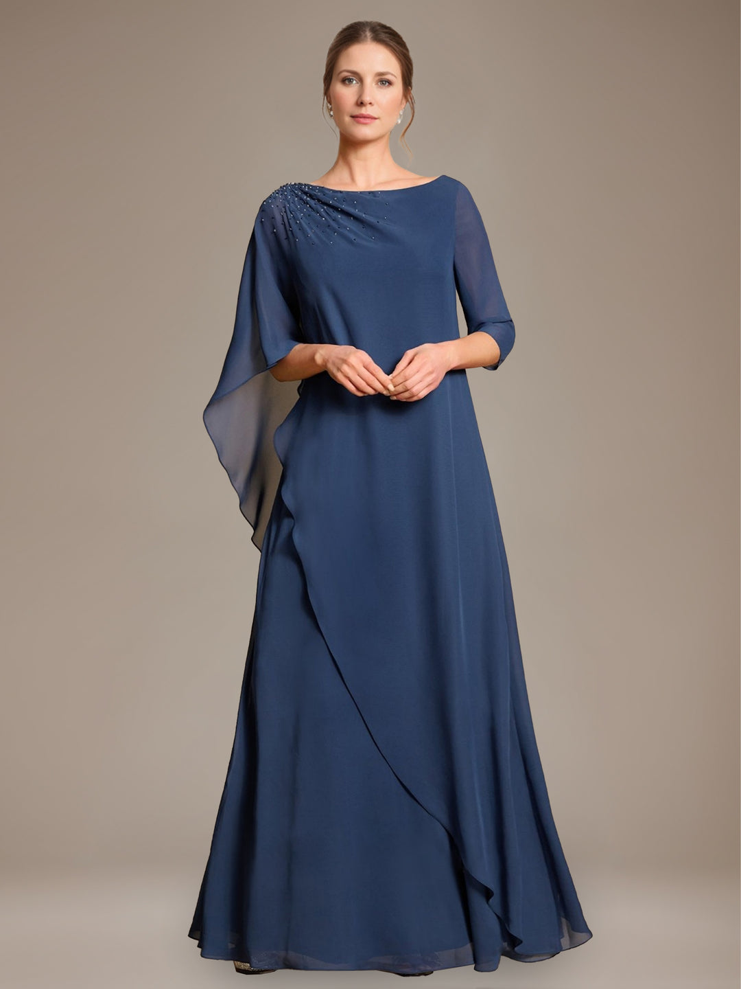 A-Line/Princess Scoop Cape Sleeves Floor-Length Pleated Mother of the Bride Dress with Beads & Ruffles