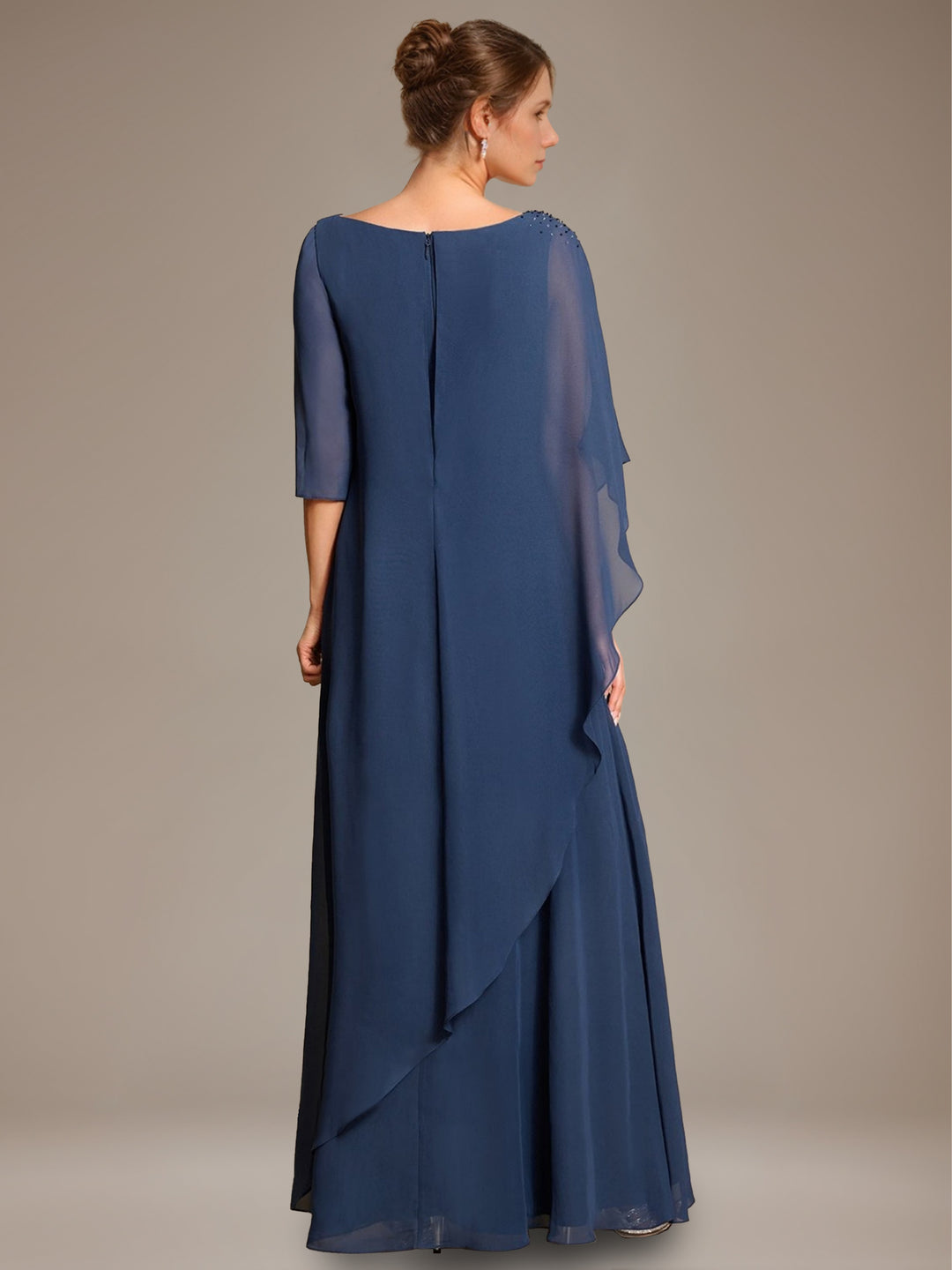 A-Line/Princess Scoop Cape Sleeves Floor-Length Pleated Mother of the Bride Dress with Beads & Ruffles