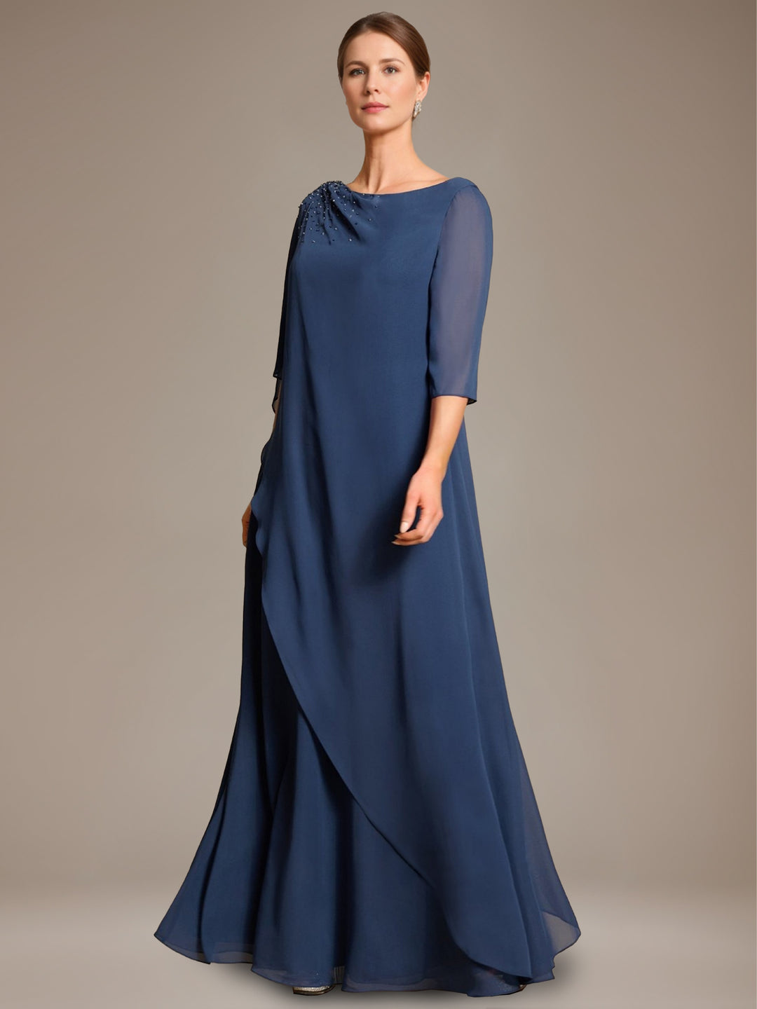 A-Line/Princess Scoop Cape Sleeves Floor-Length Pleated Mother of the Bride Dress with Beads & Ruffles