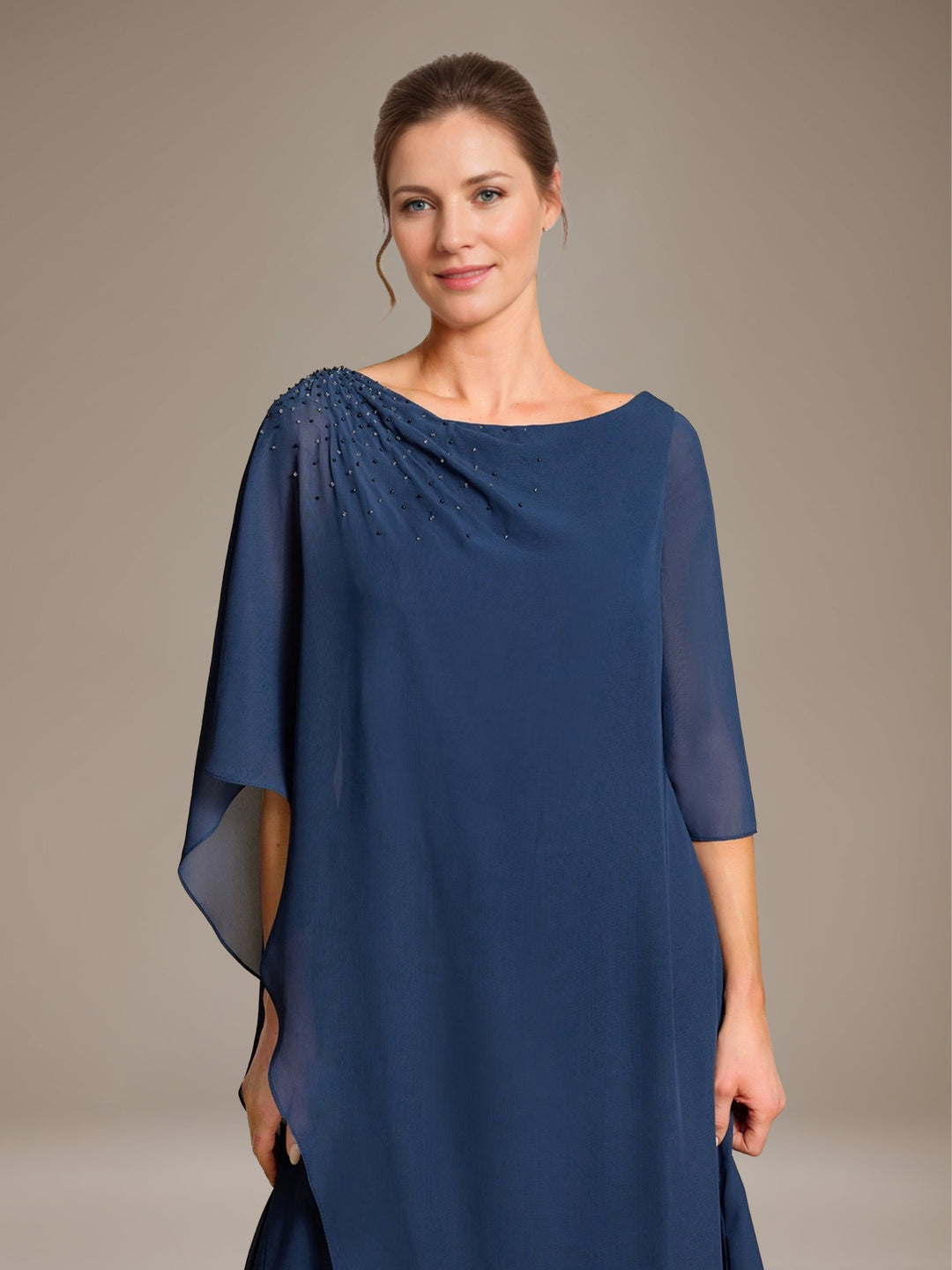 A-Line/Princess Scoop Cape Sleeves Floor-Length Pleated Mother of the Bride Dress with Beads & Ruffles