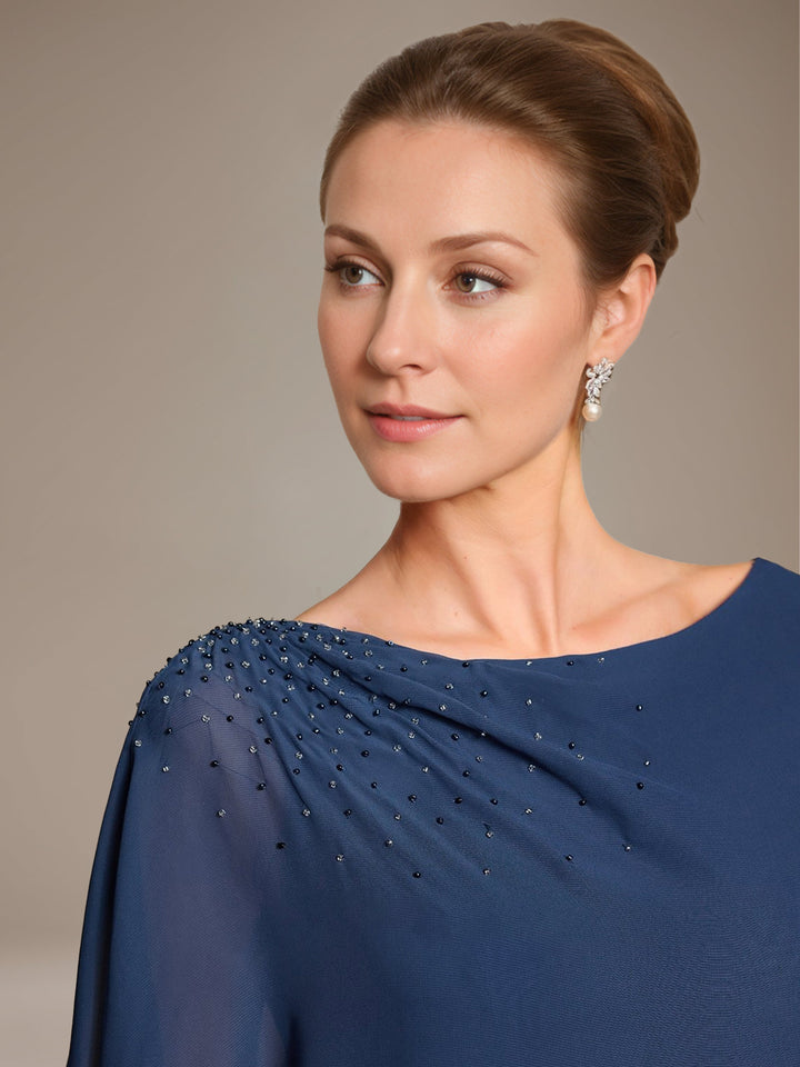 A-Line/Princess Scoop Cape Sleeves Floor-Length Pleated Mother of the Bride Dress with Beads & Ruffles