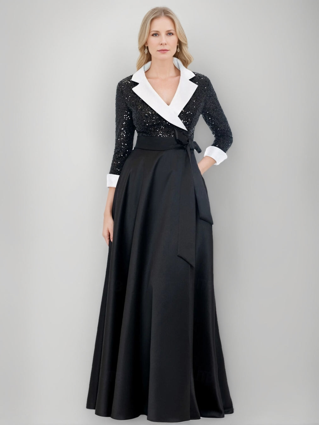 A-Line/Princess Shirt Collar 3/4 Sleeves Floor-Length Mother of the Bride Dresses with Sequins & Self-tie Sash & Pocket 