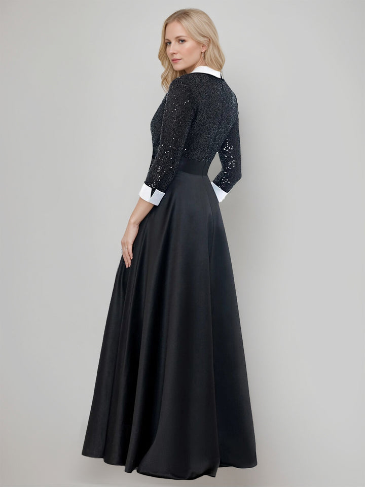 black & white mother of the bride dresses Queendancer Women and Satin Long Dress with Appliques A Line V-Neck 3/4 Sleeves Formal Dress with Slit queendancer Sleeve Style Leely Women White Black A-Line
