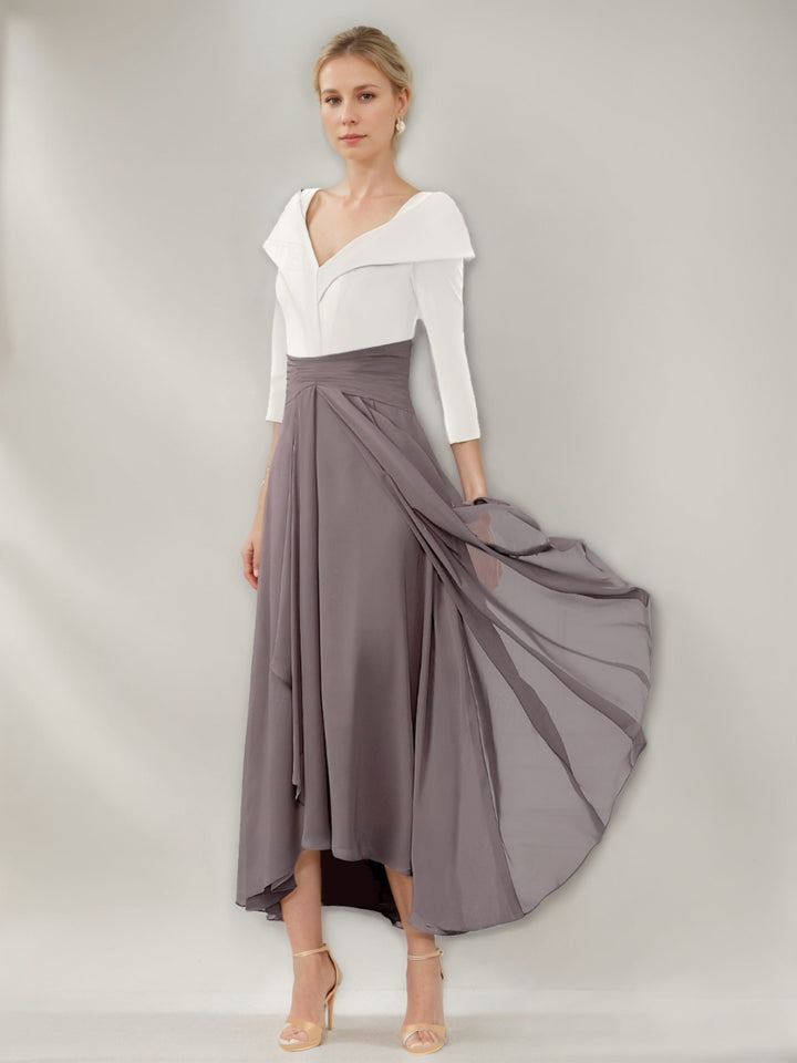 A-Line/Princess V-Neck 3/4 Sleeves Asymmetrical Pleated Mother of the Bride Dresses with Ruffles