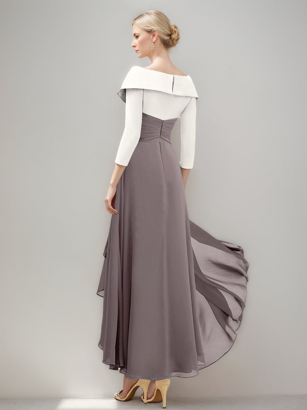 A-Line/Princess V-Neck 3/4 Sleeves Asymmetrical Pleated Mother of the Bride Dresses with Ruffles
