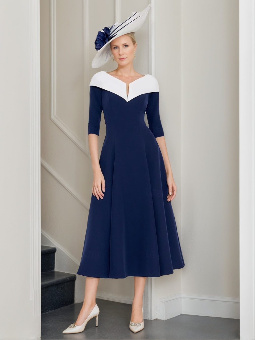 A-Line/Princess V-Neck Half Sleeves Tea-Length Mother of the Bride Dresses with Pleats
