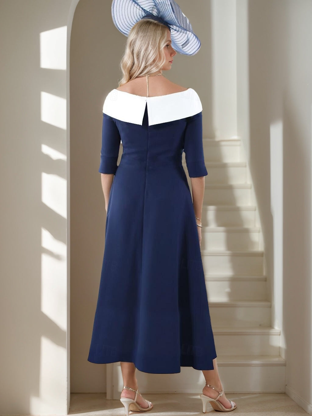 A-Line/Princess V-Neck Half Sleeves Tea-Length Mother of the Bride Dresses with Pleats